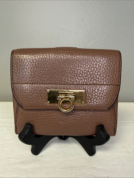 Salvatore Ferragamo Handbags - Salvatore Ferragamo Gancini Clip Pebbled Leather Bifold Wallet Brown Italy